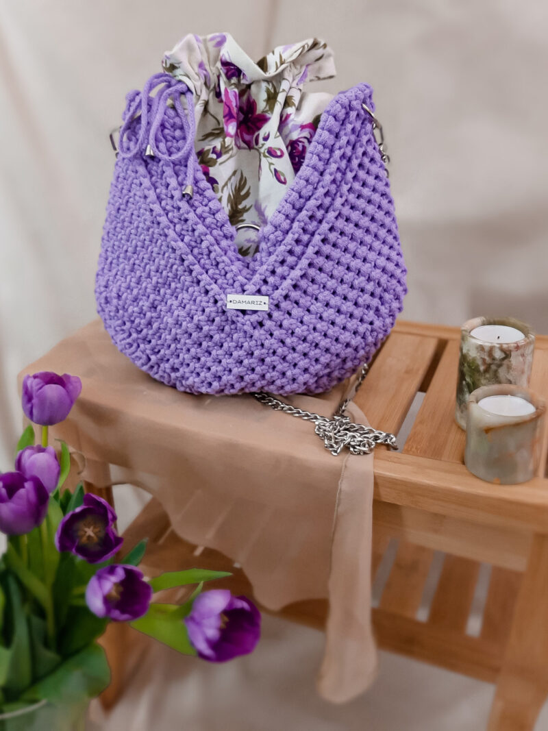 mała szara torebka na wiosnę, koszyczek, elegancka torebka makrama, lila, fioletowa