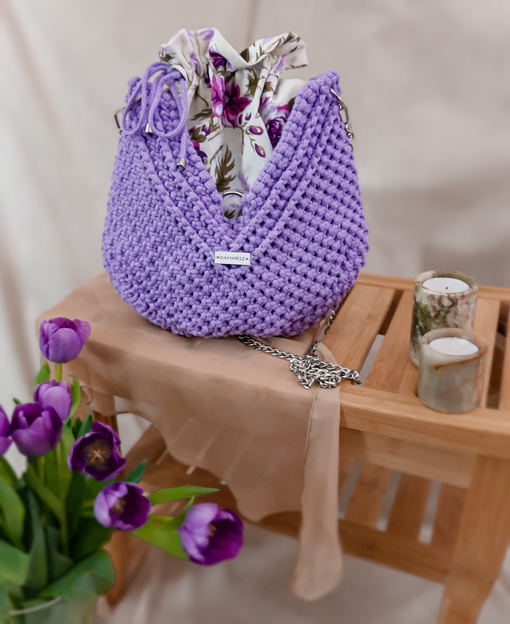 mała szara torebka na wiosnę, koszyczek, elegancka torebka makrama, lila, fioletowa