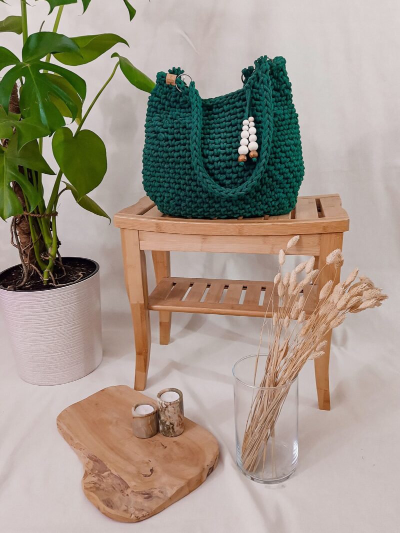 Duża torebka damska shopper bag na ramię, pojemna, ciemnozielona