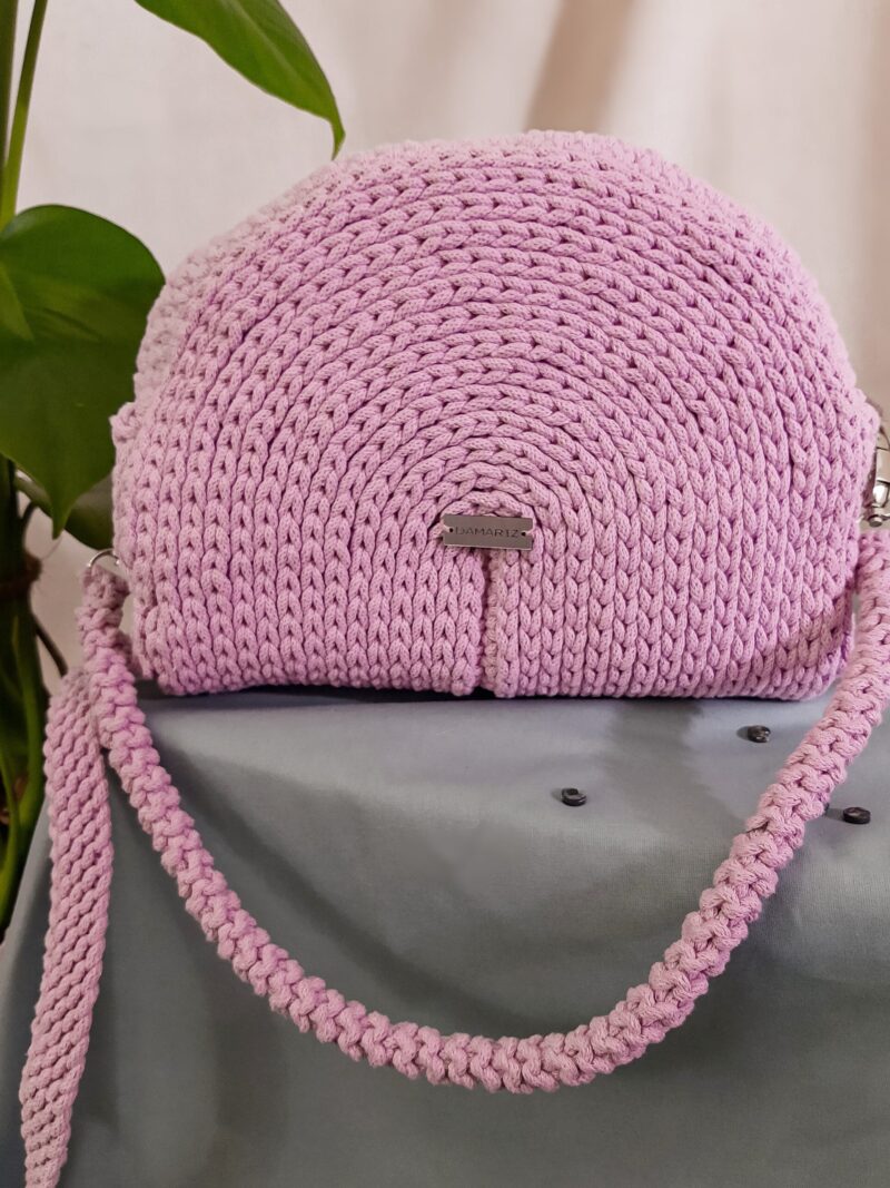 Torebka damska pleciona na szydełku ze sznurka, kuferek, półksiężyc do noszenia przez ramię i do ręki, brudny róż