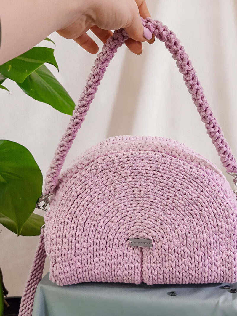 Torebka damska pleciona na szydełku ze sznurka, kuferek, półksiężyc do noszenia przez ramię i do ręki, różowa