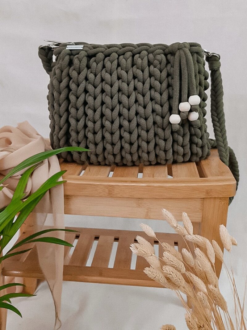 torebka pleciona z grubego sznurka przez ramię i na ramię, na wiosnę, na lato, zielona khaki