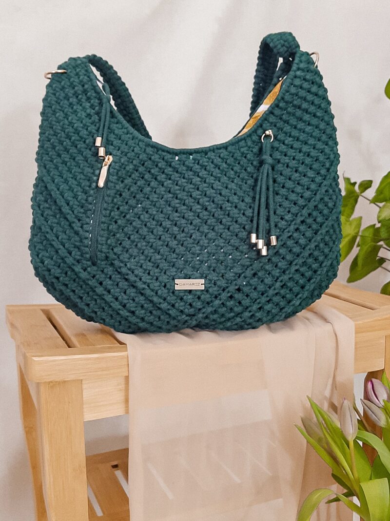 torebka damska hobo pleciona ze sznurka, na ramię, ciemnozielona, butelkowa torebka damska hobo z kieszonką z przodu, pleciona ze sznurka makramą, na ramię, ciemnozielona, butelkowa