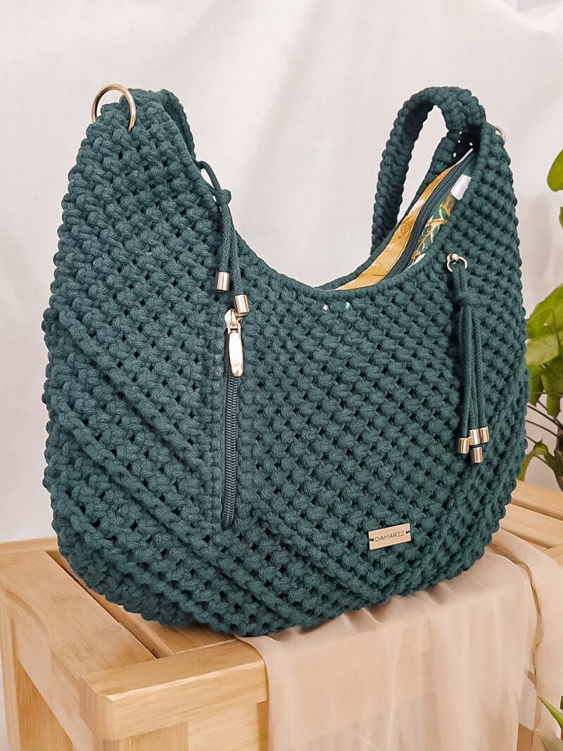 torebka damska hobo pleciona ze sznurka, na ramię, ciemnozielona