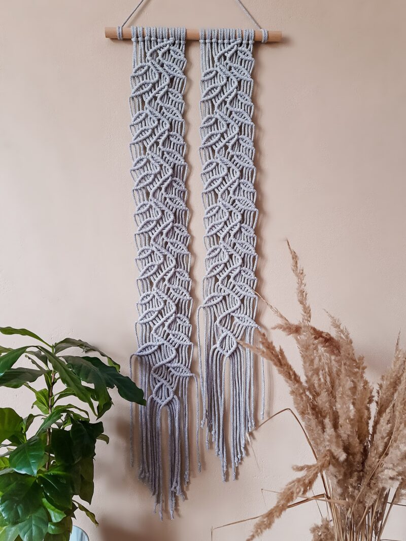 makrama drzewna w stylu boho, dekoracja do salonu, do sypialni, szara