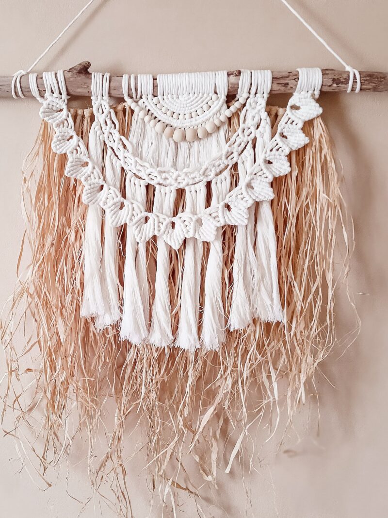 makrama etniczna z rafią w stylu boho, naturalna dekoracja na ścianę w stylu afrykańskim, biała, kość słoniowa