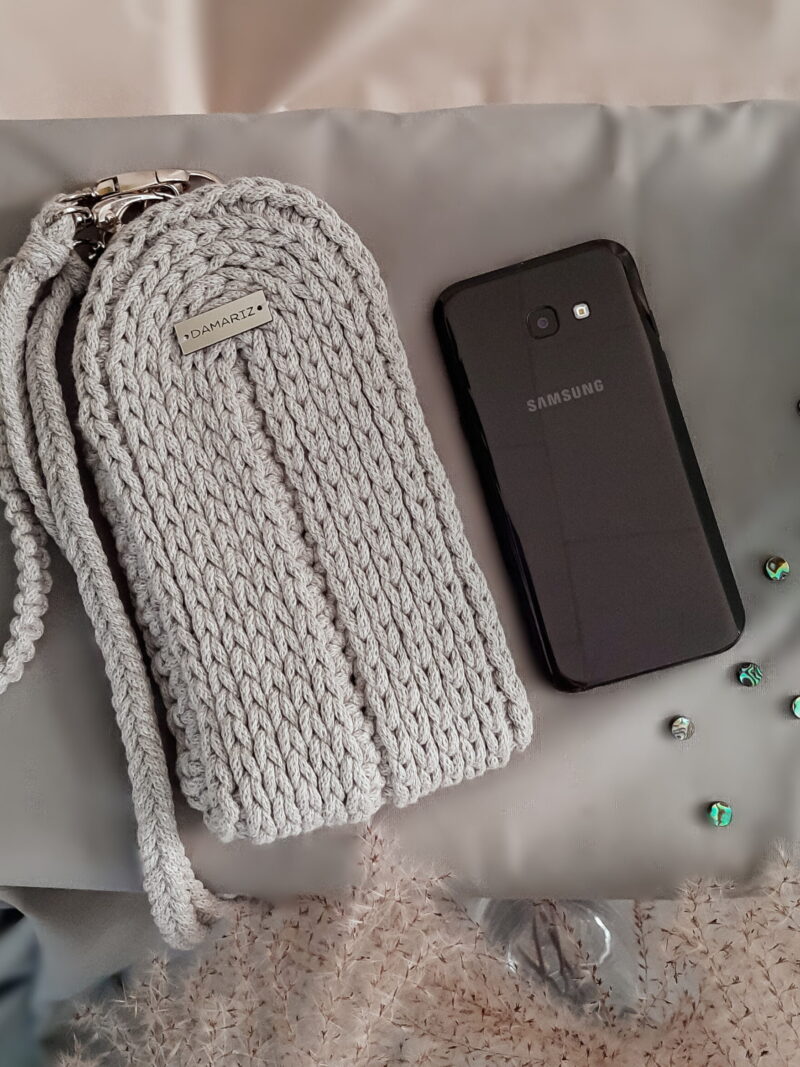 mała torebka case na telefon na szydełku, szara mała torebka case na telefon na szydełku, szara