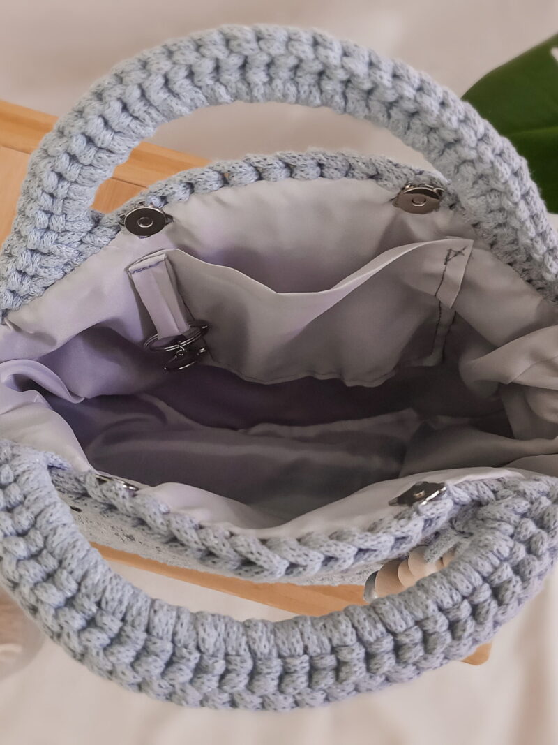 okrągła torebka ze sznurka do ręki i przez ramię, szara
