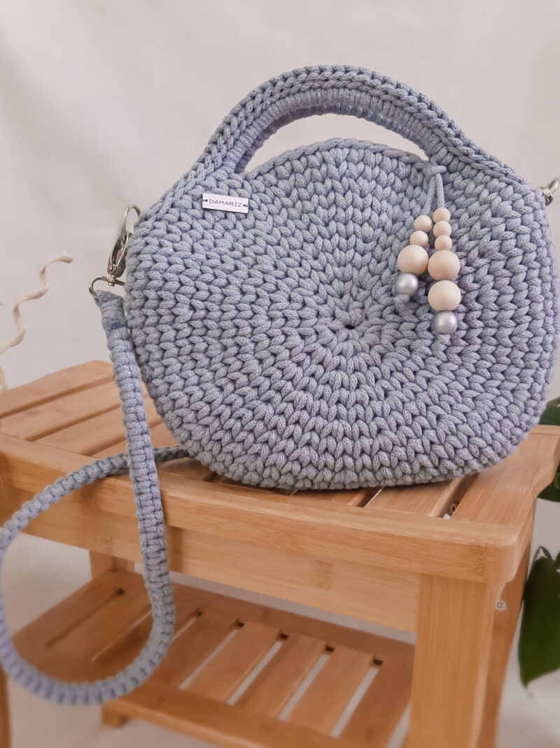 okrągła torebka ze sznurka do ręki i przez ramię, szara
