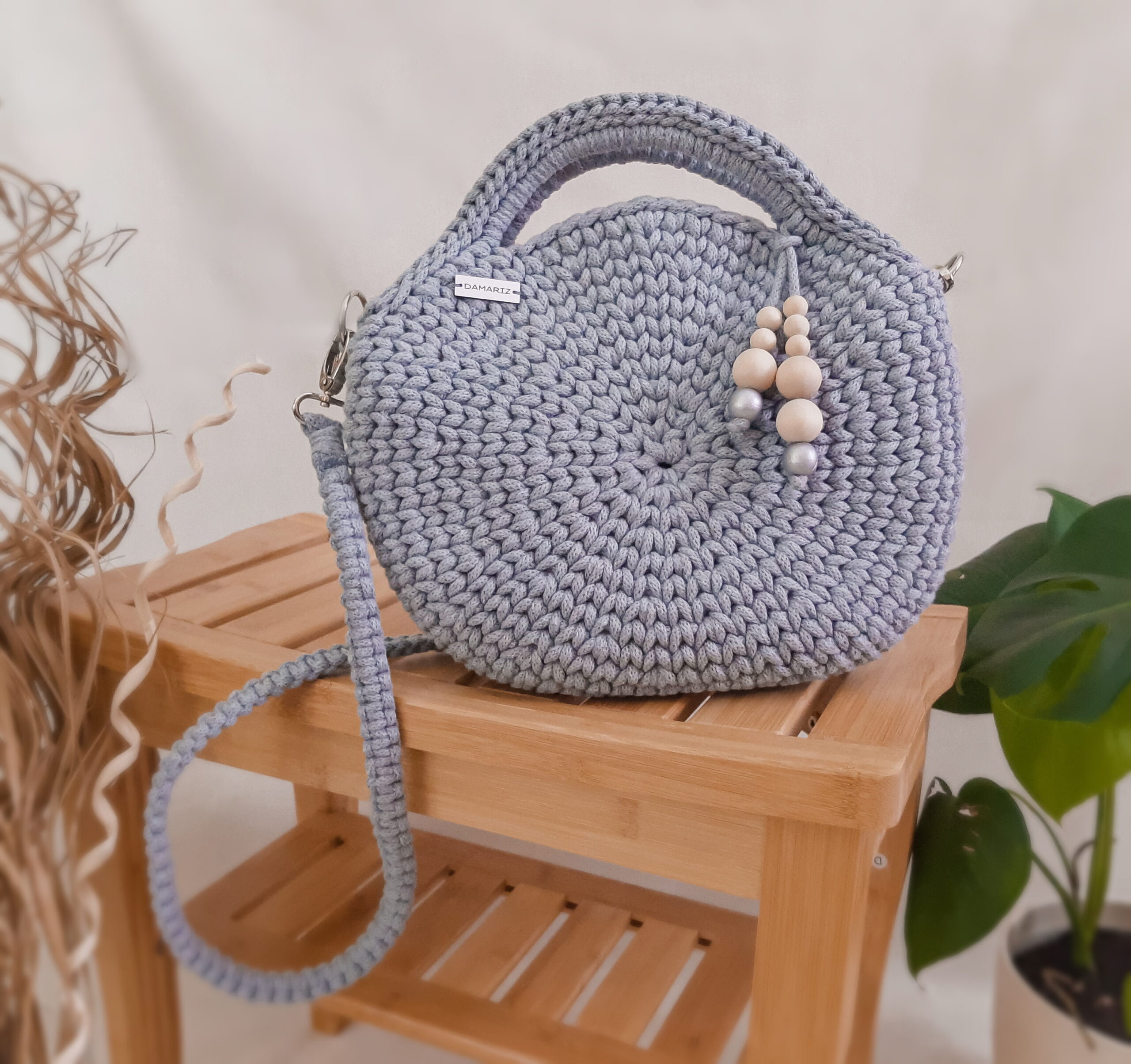 okrągła torebka ze sznurka do ręki i przez ramię, szara