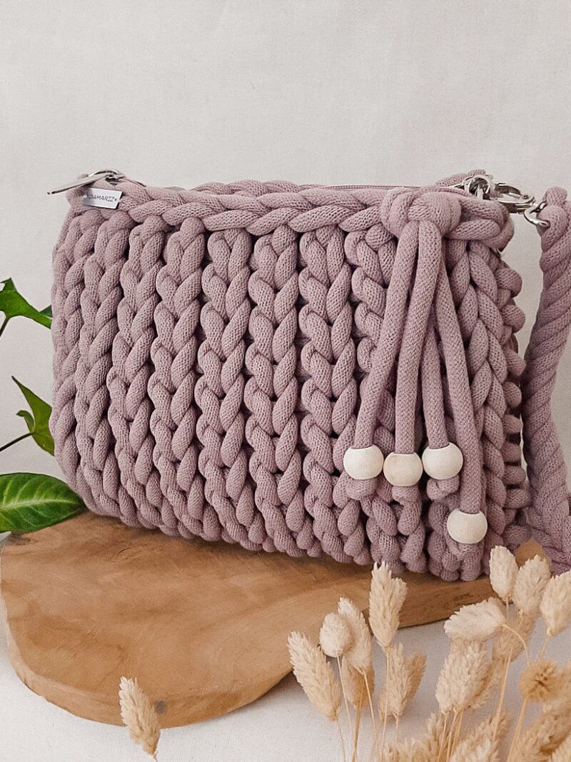 duża torebka z grubego sznurka na ramię i przez ramię, wrzosowa, brudny róż duża torebka z grubego sznurka na ramię i przez ramię, torebka warkocze, na szydełku wrzosowa, brudny róż