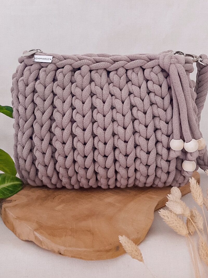 duża torebka z grubego sznurka na ramię i przez ramię, torebka warkocze, na szydełku wrzosowa, brudny róż