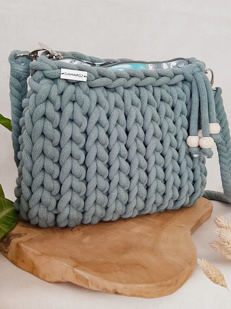 torebka z grubego sznurka na szydełku przez ramię, torebka pleciona w warkocze, laurowa, szaro-niebieska torebka z grubego sznurka na szydełku przez ramię, listonoszka plecionka, torebka pleciona w warkocze, laurowa, szaro-niebieska