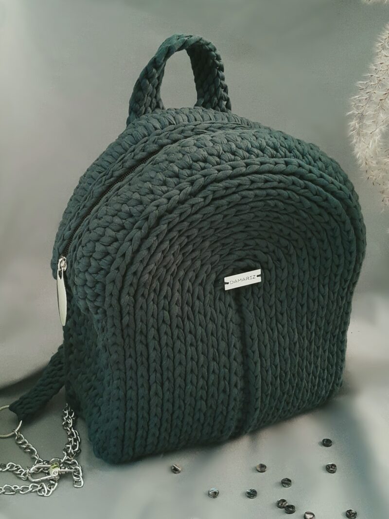 Plecak damski pleciony na szydle z dzianiny bawełnianej, półksiężyc, butelkowa zieleń, zielony