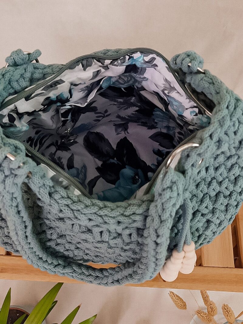 Duża torebka damska shopper bag na ramię, pojemna, szałwiowa