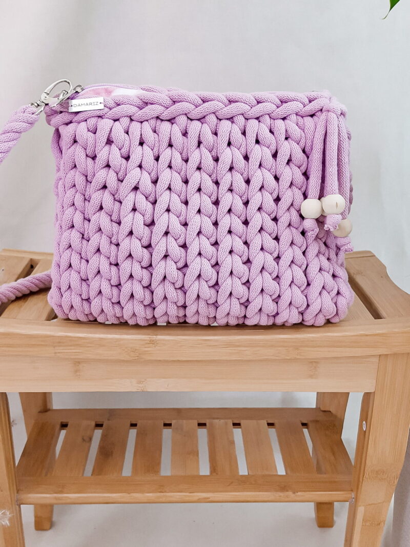 torebka pleciona z grubego sznurka przez ramię i na ramię, na wiosnę, na lato, brudny róż