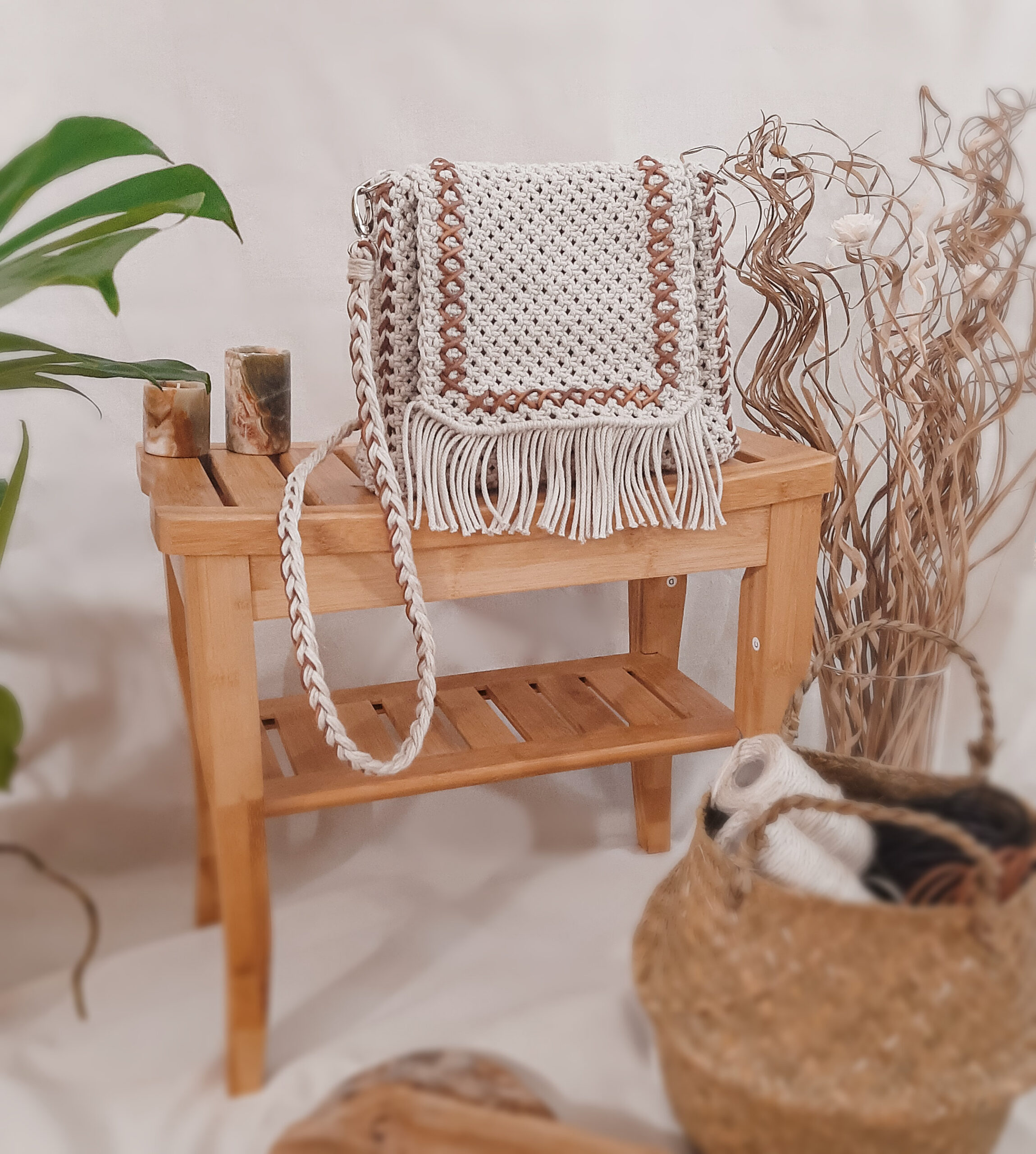 listonoszka z frędzlami, torebka ze sznurka przez ramię, naturalna