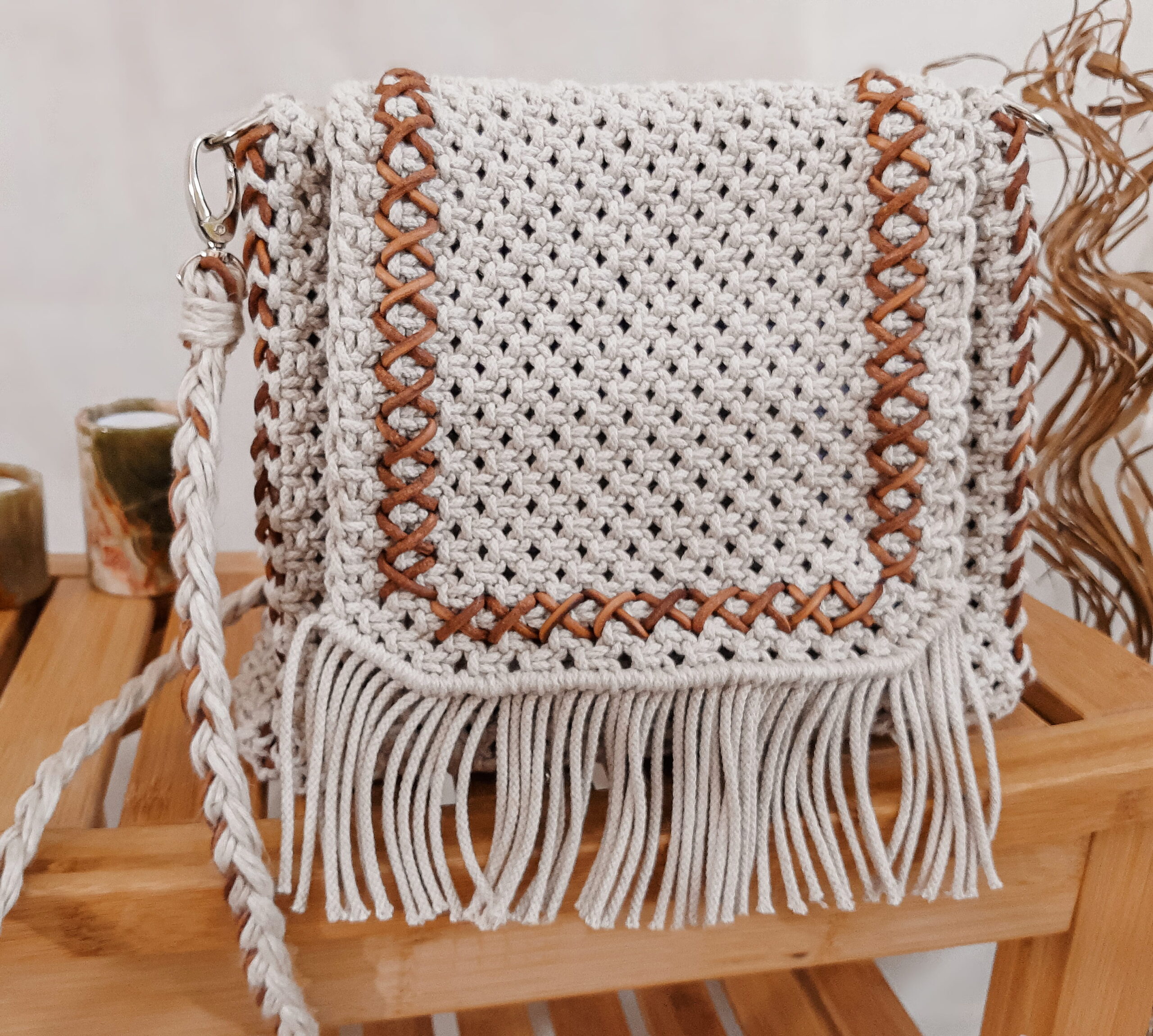 listonoszka z frędzlami, torebka ze sznurka przez ramię, naturalna