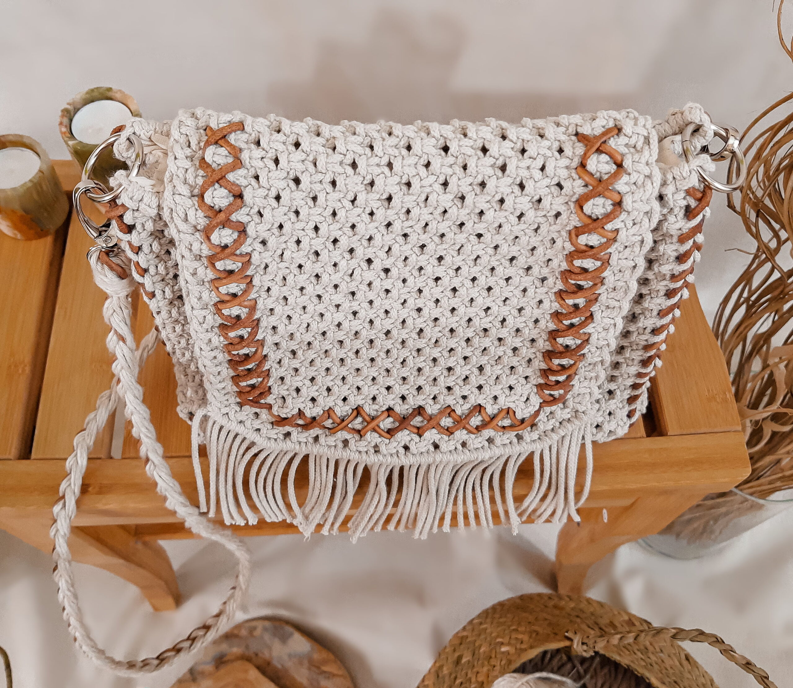 listonoszka z frędzlami, torebka ze sznurka przez ramię, naturalna