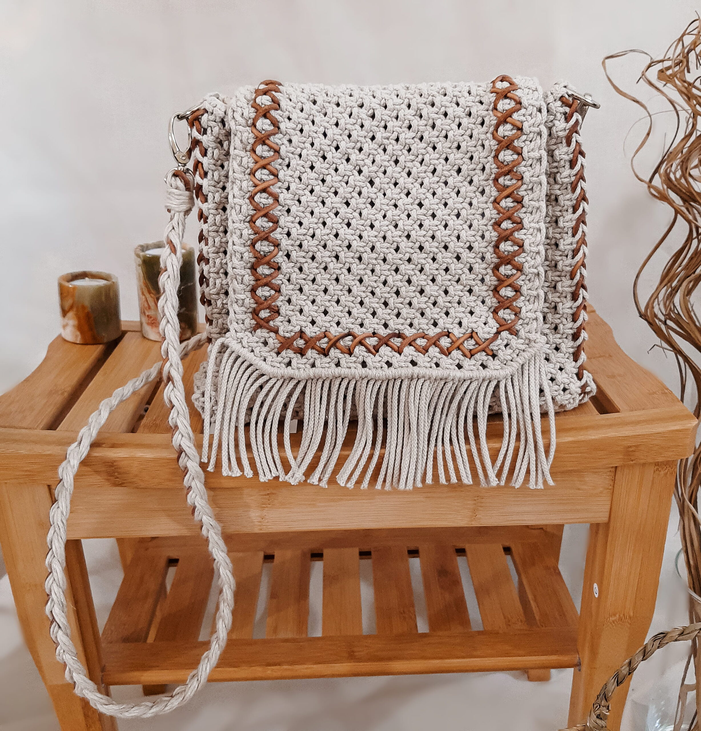 listonoszka z frędzlami, torebka ze sznurka przez ramię, naturalna