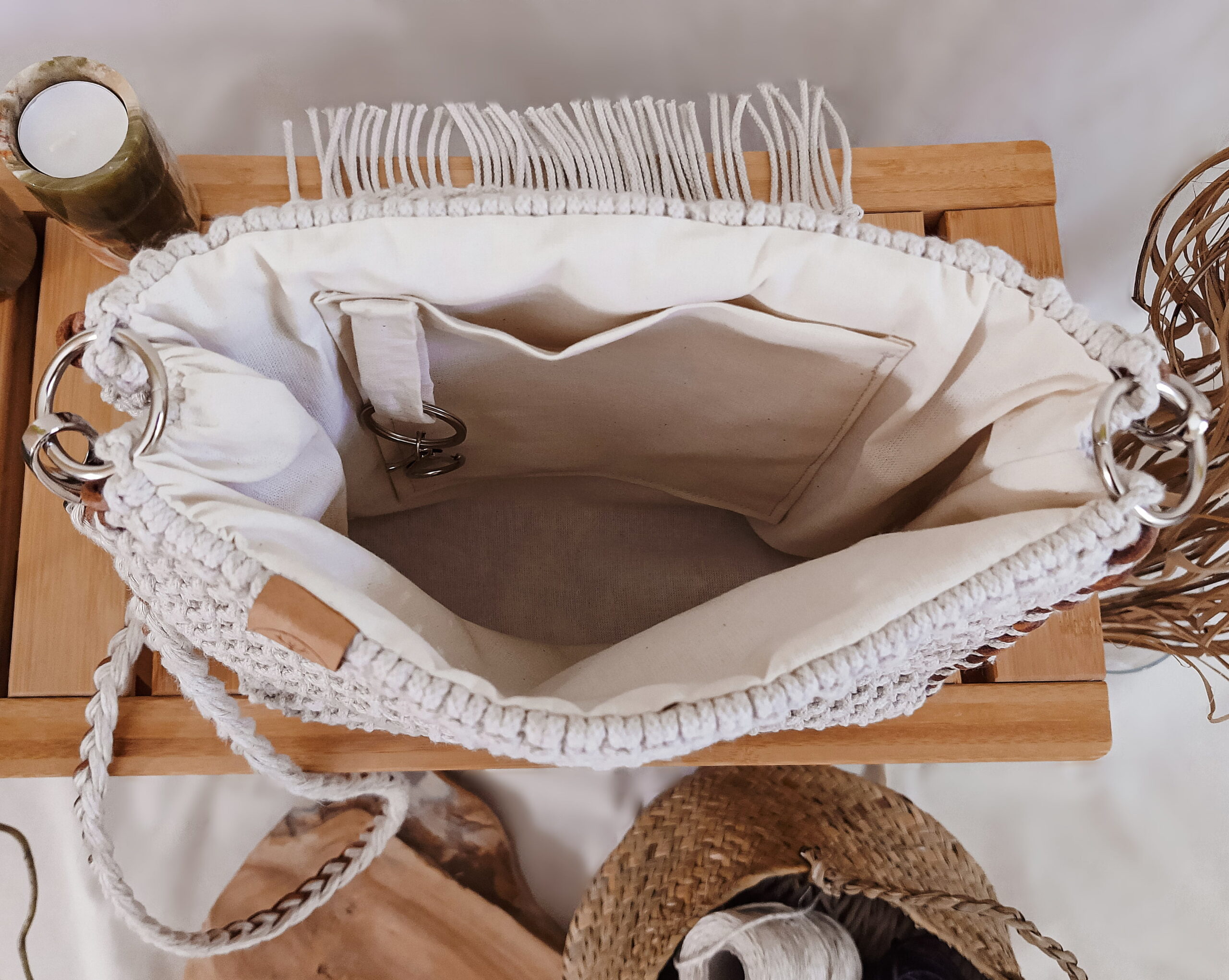 listonoszka z frędzlami, torebka ze sznurka przez ramię, naturalna