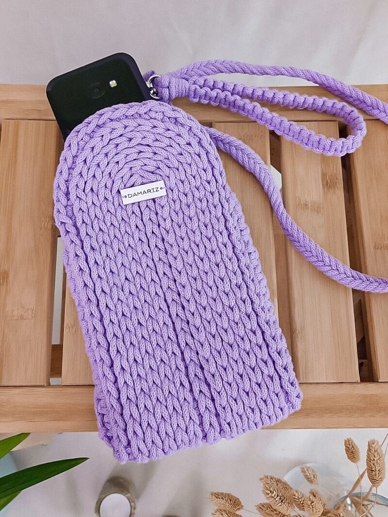 mała torebka case na telefon na szydełku, lila, fioletowa
