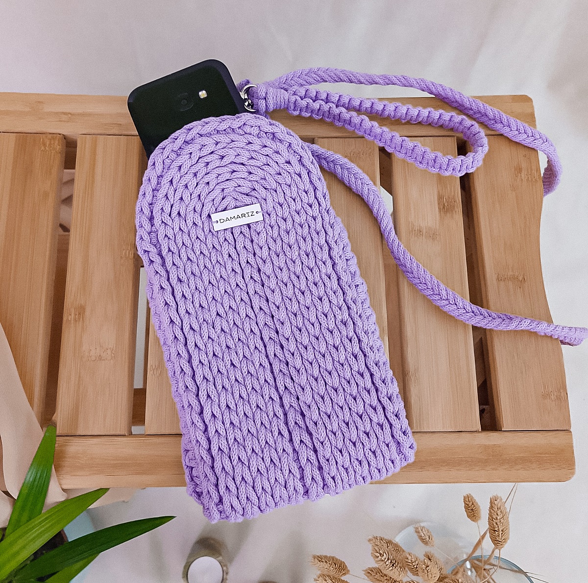 mała torebka case na telefon na szydełku, lila, fioletowa