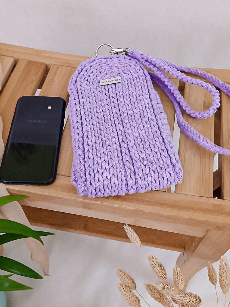 torebka ze sznurka na telefon na iphone na samsung, lilac mała torebka case na telefon na szydełku, lila, fioletowa