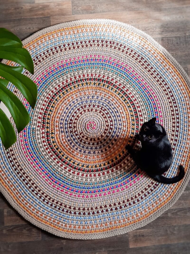 okrągły dywan pleciony ze sznurka bawełnianego, kolorowy, z frędzlami, etniczny, dywan do prania