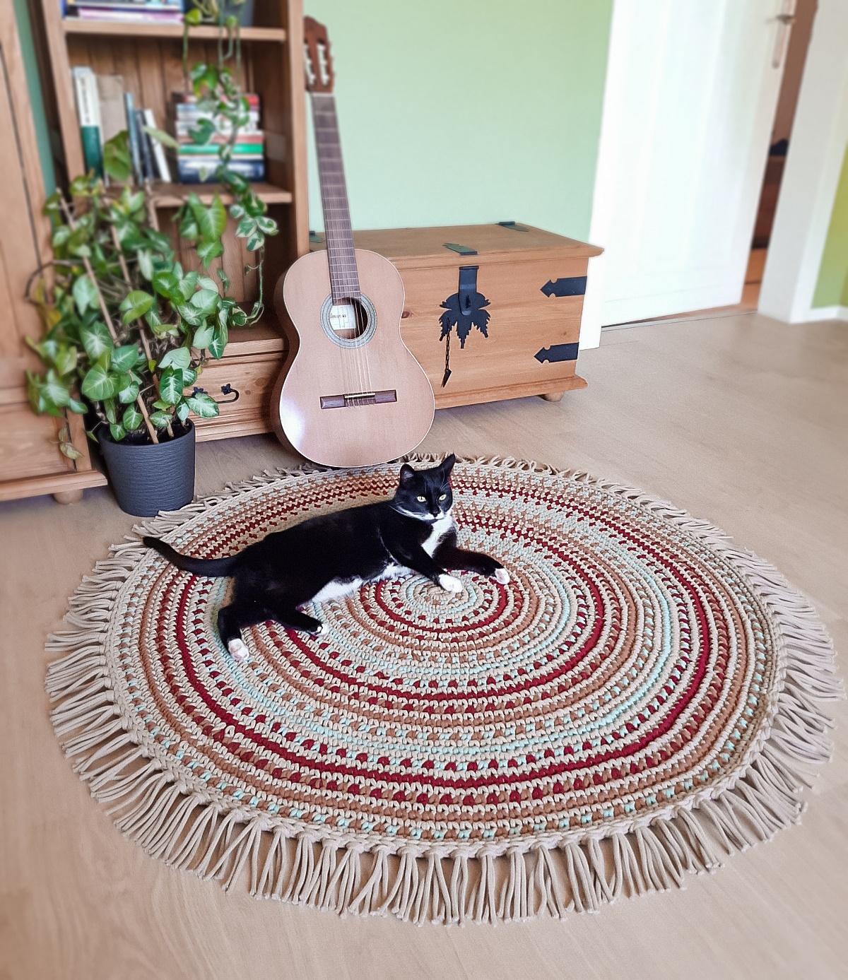 okrągły dywan pleciony ze sznurka bawełnianego, kolorowy, z frędzlami, w stylu meksykańskim, dywan do prania
