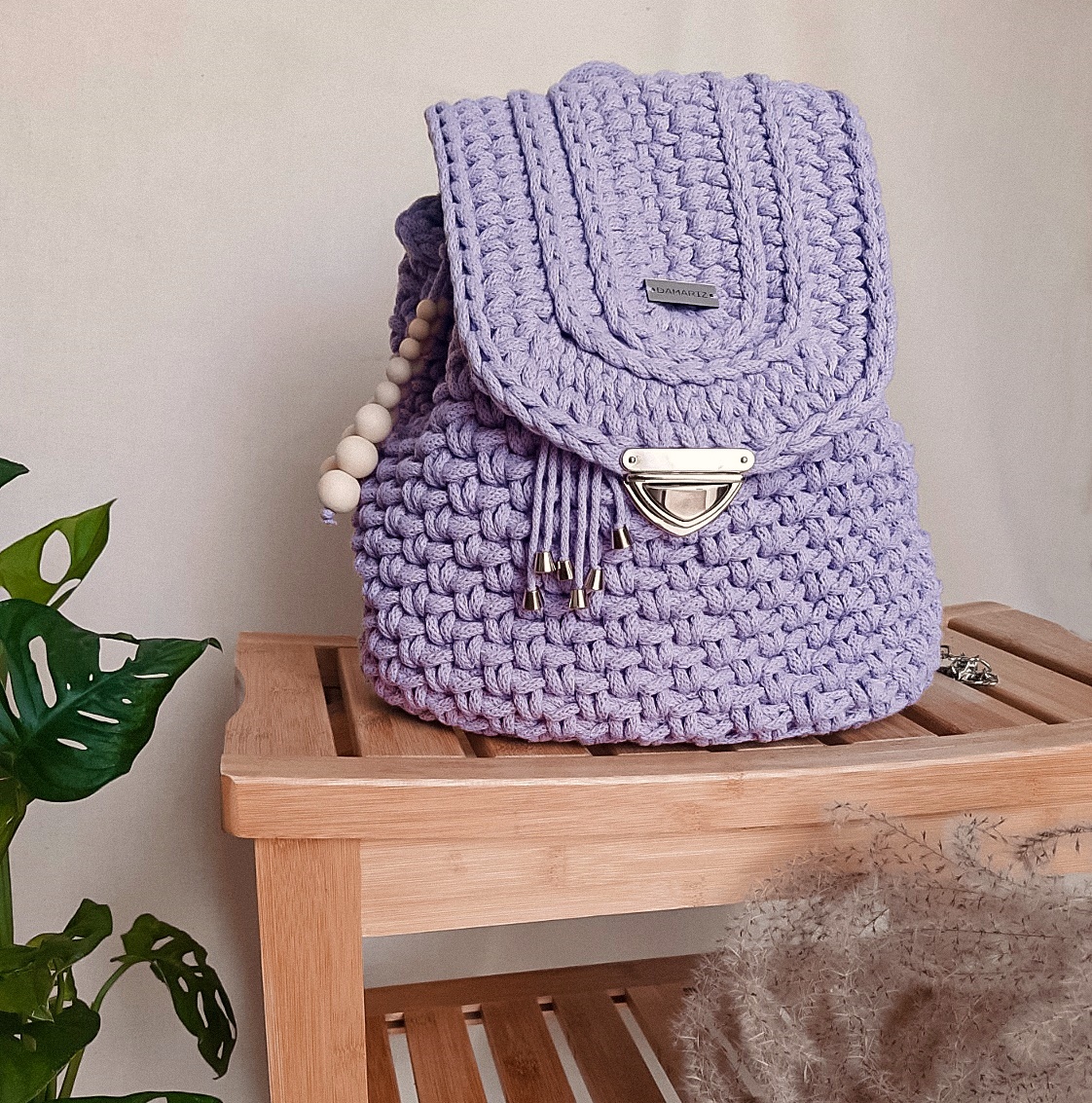 plecak damski lawendowy, plecak na lato ze sznurka, plecak z klapką