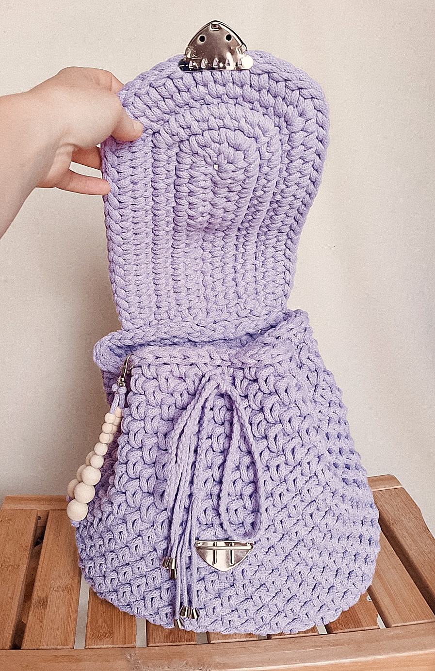 plecak damski lawendowy, plecak na lato ze sznurka, plecak z klapką