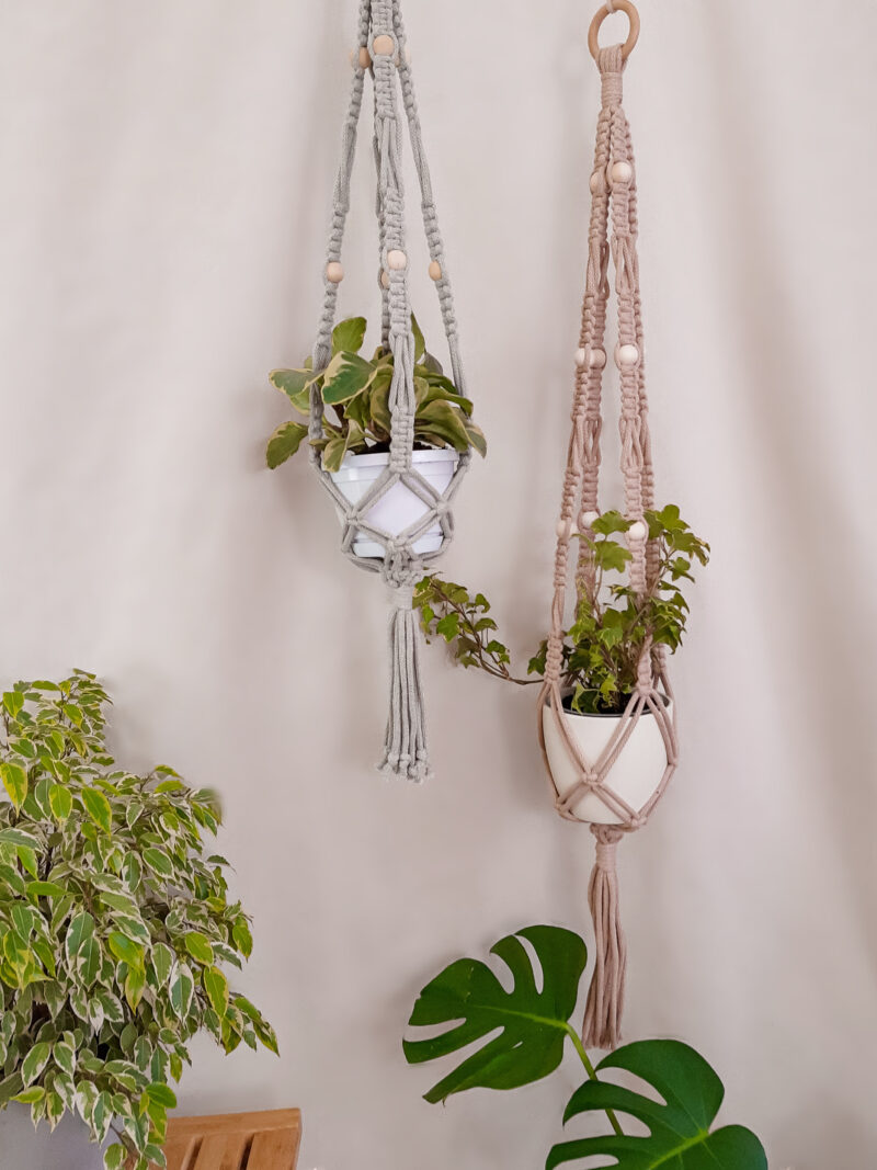 kwietniki plecione ze sznurka, wiszący kwietnik zielony, beżowy, makrama kwietnik