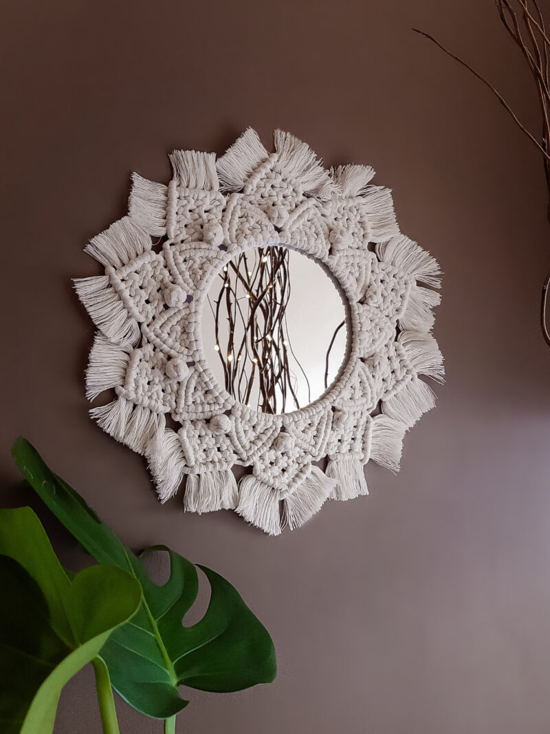 Lustro makrama plecione, białe, lustro mandala kwiat, dekoracja do sypialni