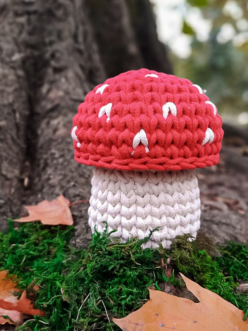 koszyk ze sznurka grzybek, dekoracja jesienna, koszyk do pokoju dziecięcego z wieczkiem, grzybek z czerwonym kapeluszem, dekoracja dla jesieniary, muchomor dekoracja