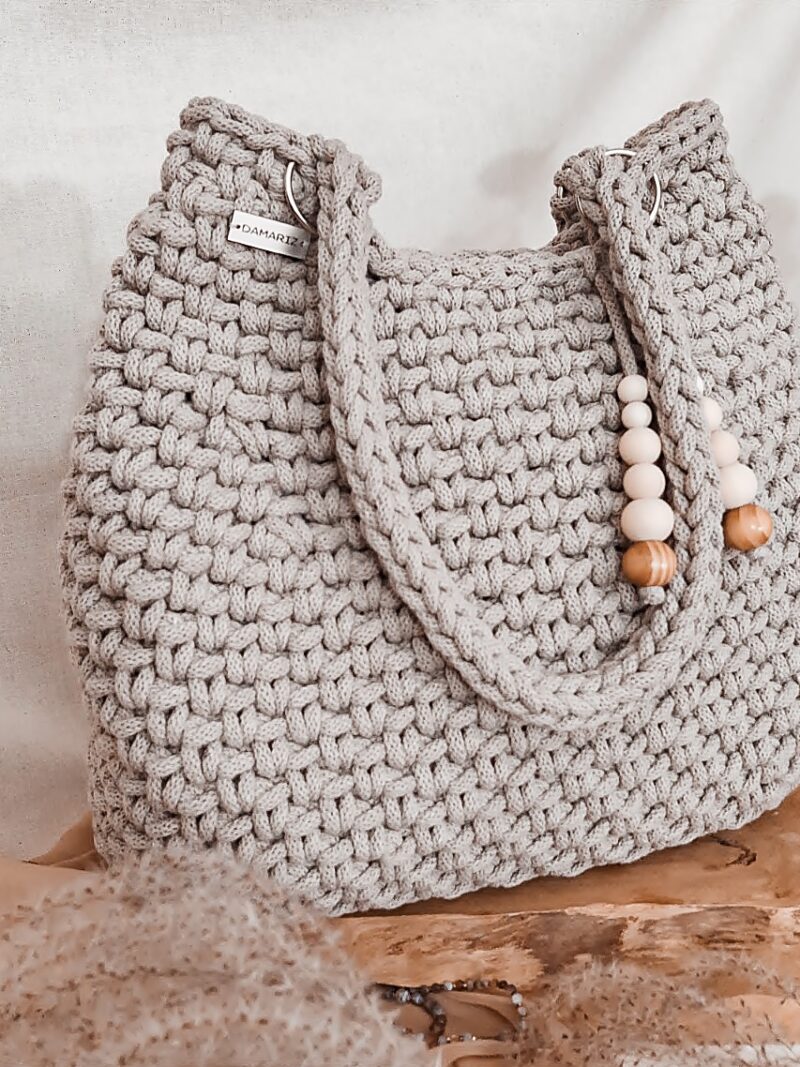 Szaro- beżowa torebka na ramię ze sznurka, shopperka na ramię, duża torebka, prezent dla niej, torebka z koralikami, torebka w stylu boho