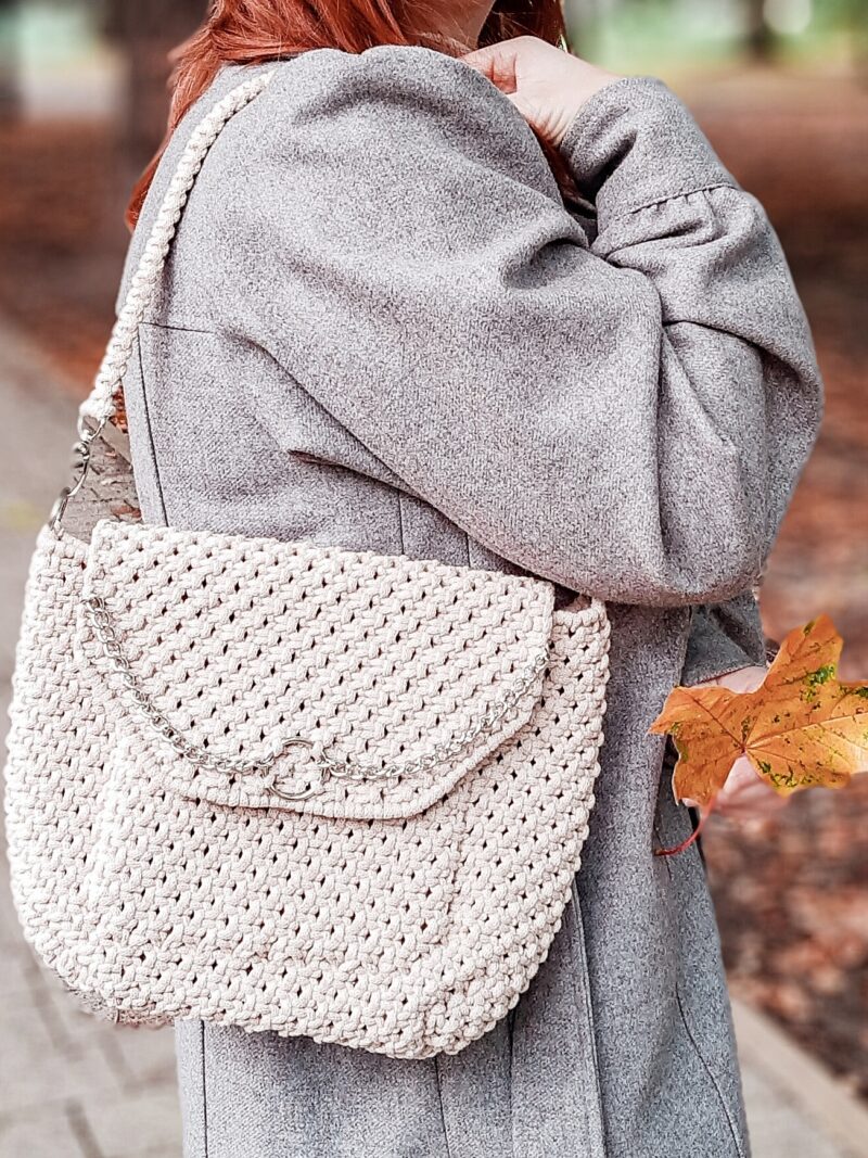 Torebka listonoszka z makramy, torebka na lato i jesień, torebka ze sznurka w stylu boho z klapką, beżowa Torebka listonoszka z makramy, torebka na lato i jesień, torebka ze sznurka w stylu boho z klapką, beżowa, torebka z piękną podszewką, pomysł na prezent