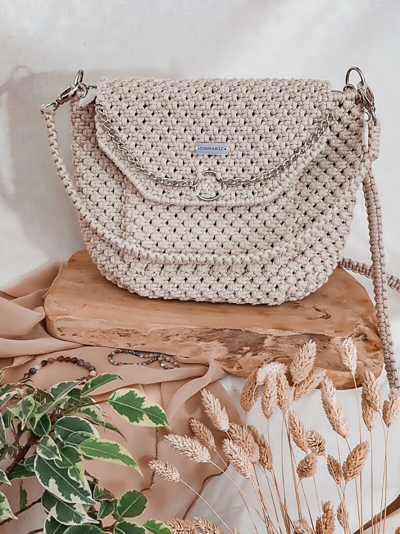Torebka listonoszka z makramy, torebka na lato i jesień, torebka ze sznurka w stylu boho z klapką, beżowa Torebka listonoszka z makramy, torebka na lato i jesień, torebka ze sznurka w stylu boho z klapką, beżowa, torebka z piękną podszewką, pomysł na prezent