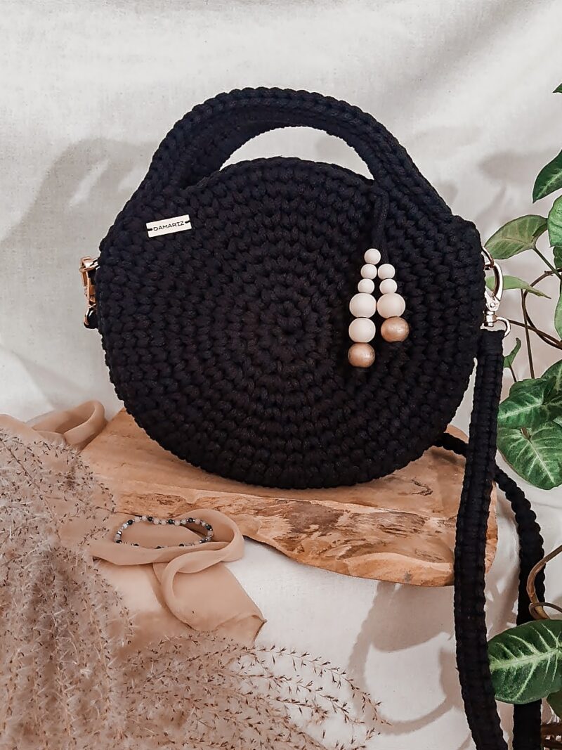 Okrągła torebka do ręki i przez ramię ze sznurka, czarna, na lato, na wiosnę Okrągła torebka do ręki i przez ramię ze sznurka, czarna, na lato, na wiosnę, z ekspresem, prezent na święta