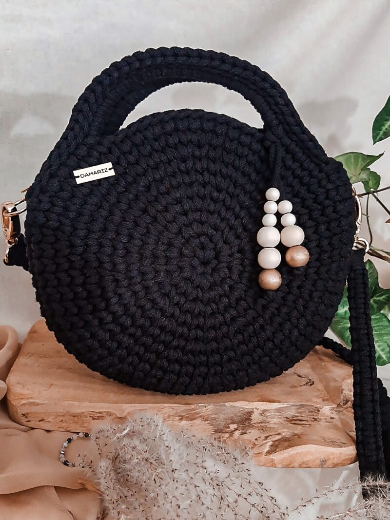 Okrągła torebka do ręki i przez ramię ze sznurka, czarna, na lato, na wiosnę, z ekspresem, prezent na święta