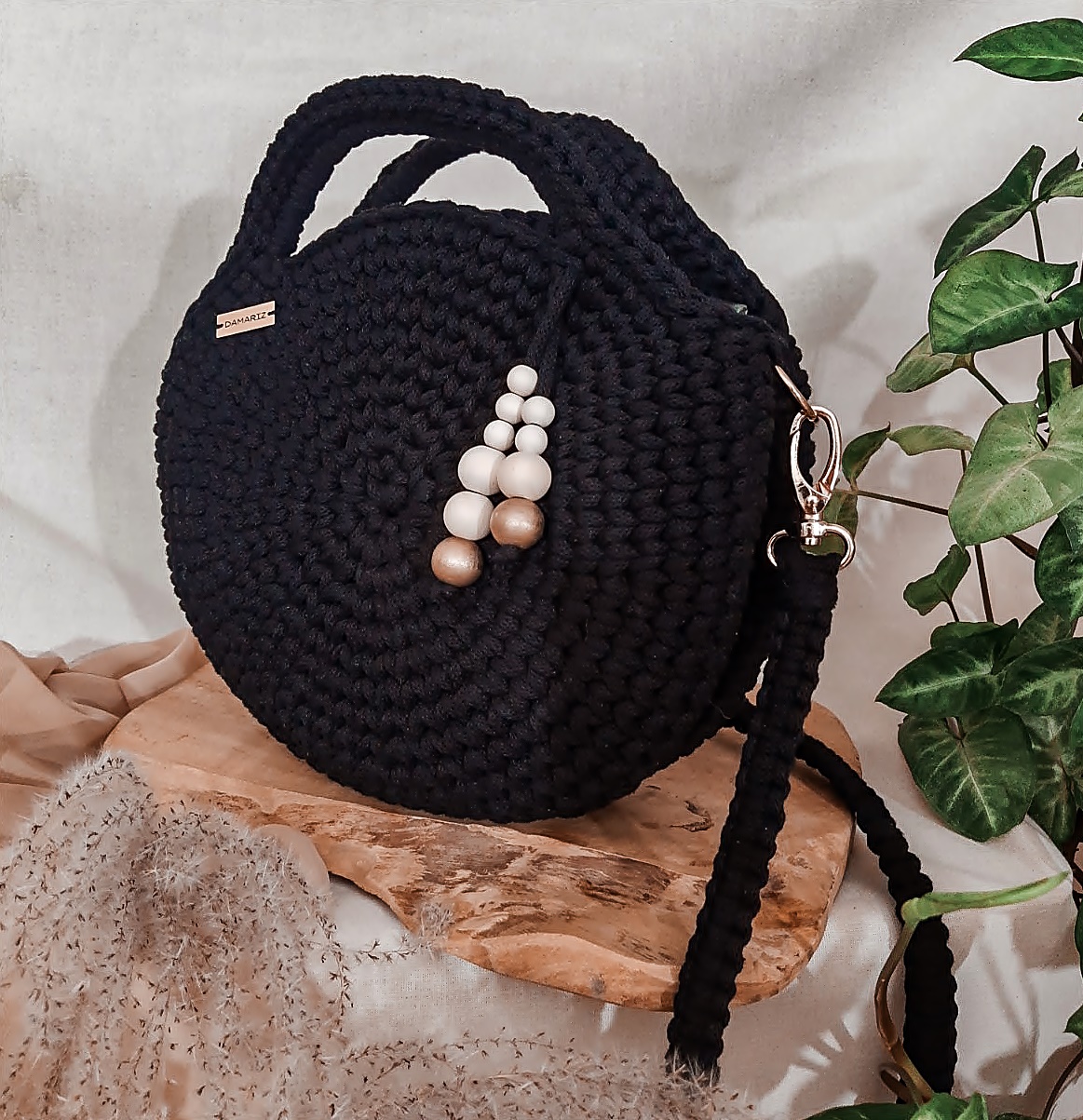 Okrągła torebka do ręki i przez ramię ze sznurka, czarna, na lato, na wiosnę, z ekspresem, prezent na święta