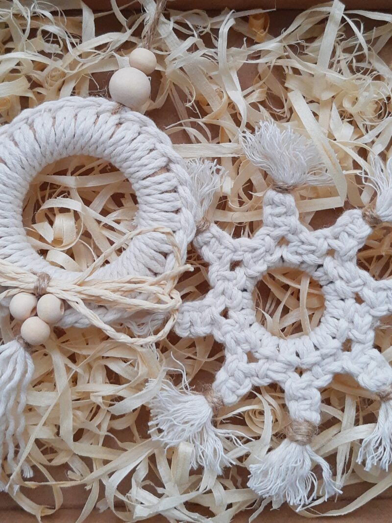 Zestaw ozdób świątecznych 2 szt. - rozetka + śnieżynka - naturalny