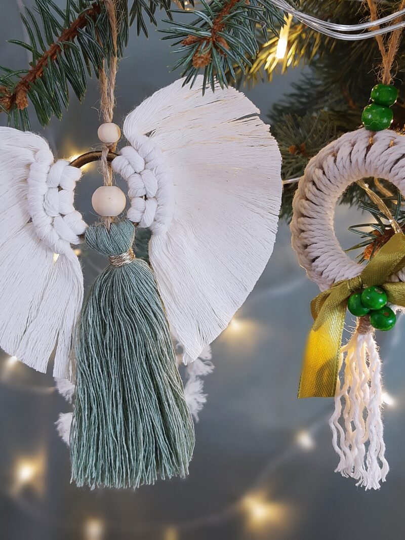 Zestaw ozdób świątecznych 2 szt. - aniołek+ rozetka - szałwia