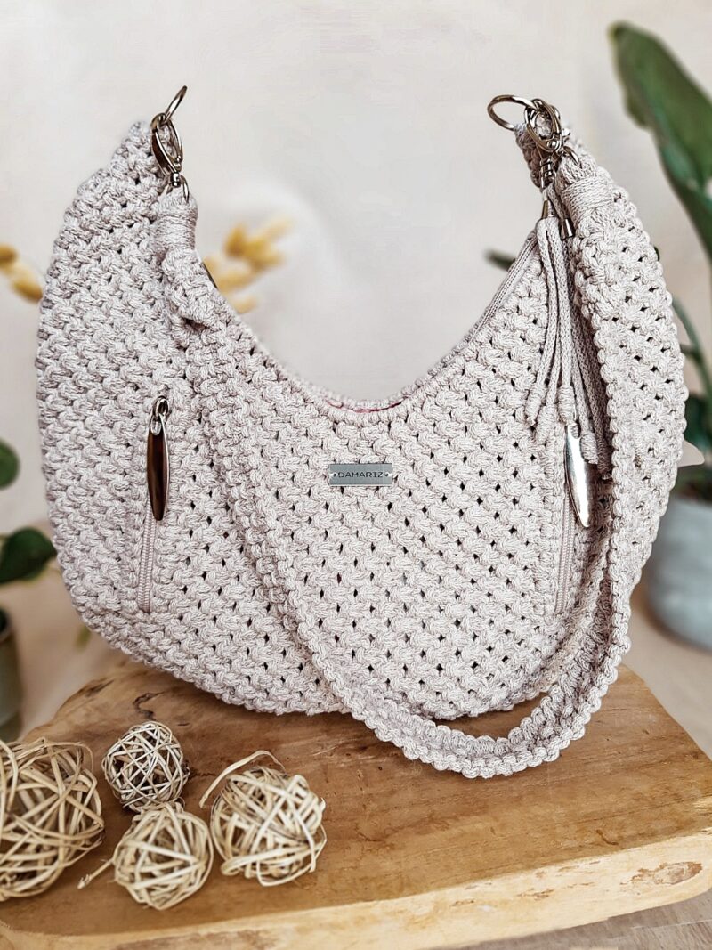 torebka ze sznurka hobo beżowa, torebka na ramię, pomysł na prezent dla niej