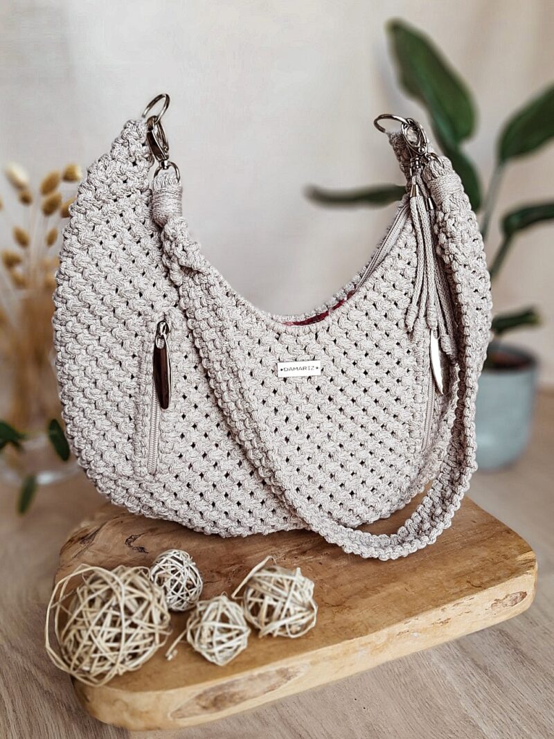 torebka ze sznurka hobo beżowa, torebka na ramię, pomysł na prezent dla niej