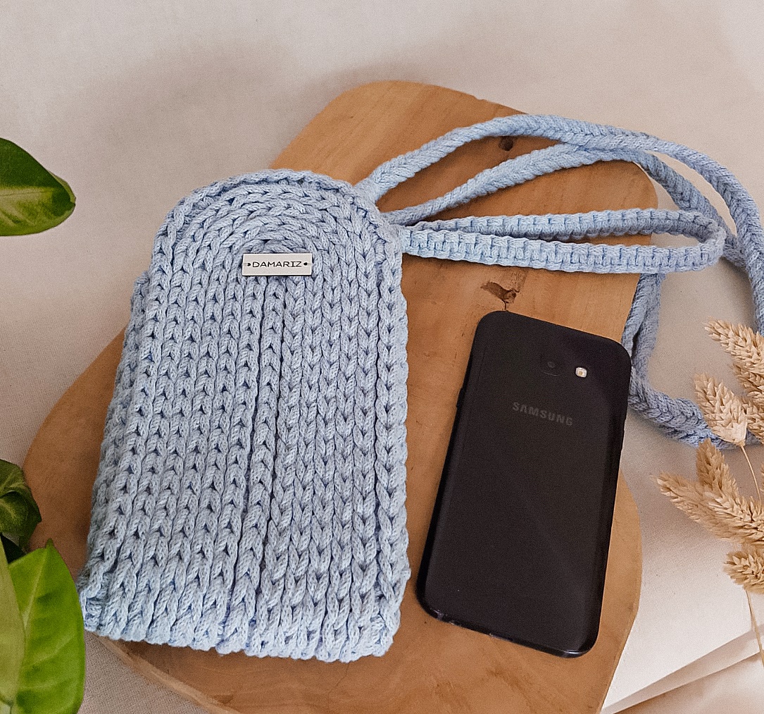 torebka na telefon szaro-błękitna, torebka case na telefon, saszetka, podręczna torebka