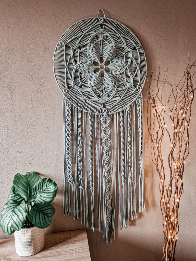 łapacz snów mandala, makrama na ścianę szara