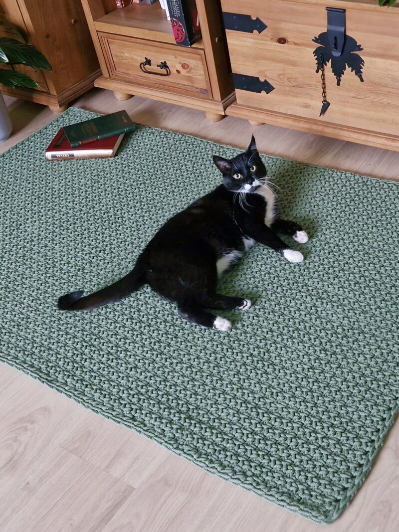 dywan w stylu skandynawskim, boho szałwiowa zieleń, prosty dywan chodnik prostokątny