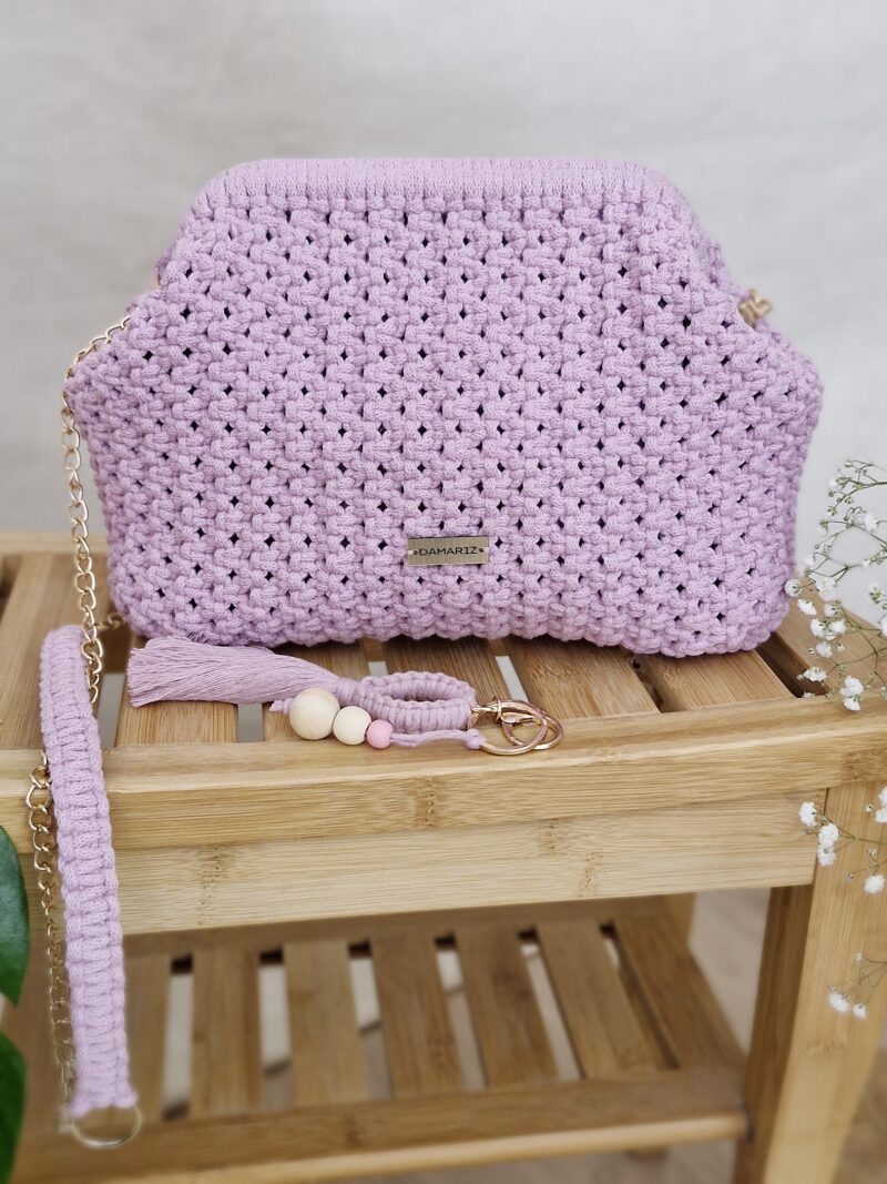 elegancka torebka chmurka, torebka na biglu, modna torebka różowa, pudrowa torebka, prezent dla dziewczyny, prezent dla żony, torebka na wiosnę, pleciona ze sznurka