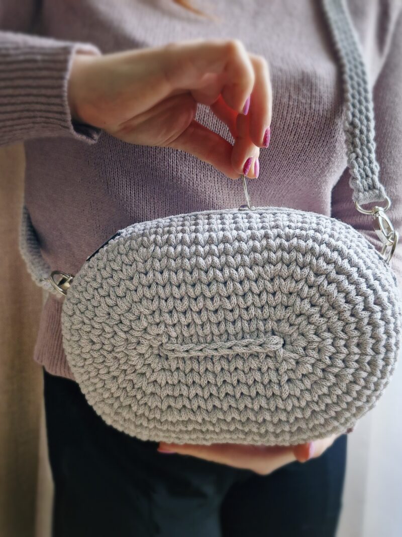 okrągła, owalna torebka ze sznurka bawełnianego, torebka kuferek na wiosnę, szara torebka na ramię, prezent dla mamy, dla żony